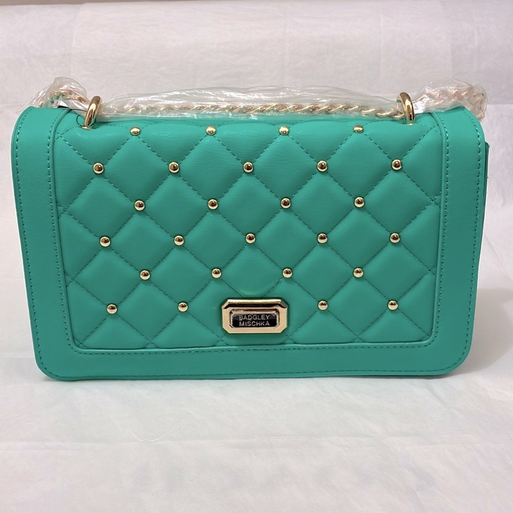 Badgley Mischka Turquoise/Green Quilted Gold Tone Stud Shoulder Bag  BNWT